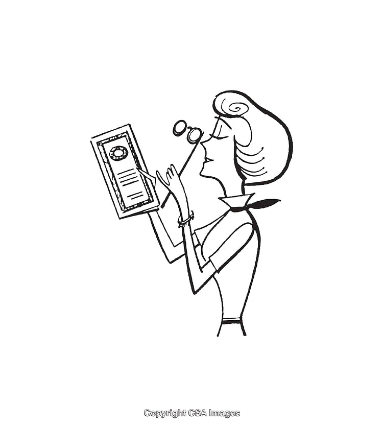 Black and White Line Art Woman Examining a Document
