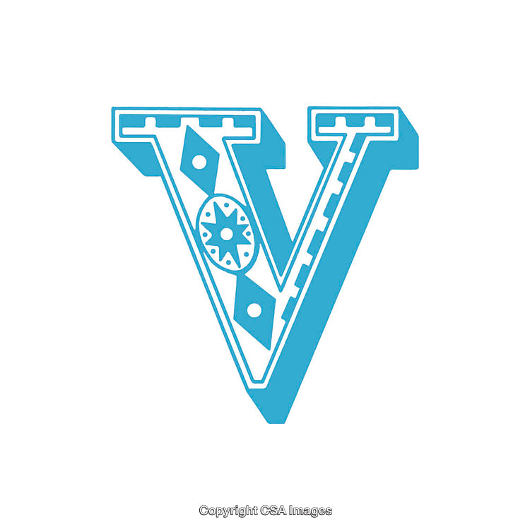 Stylized Decorative Blue Letter V with Intricate Design