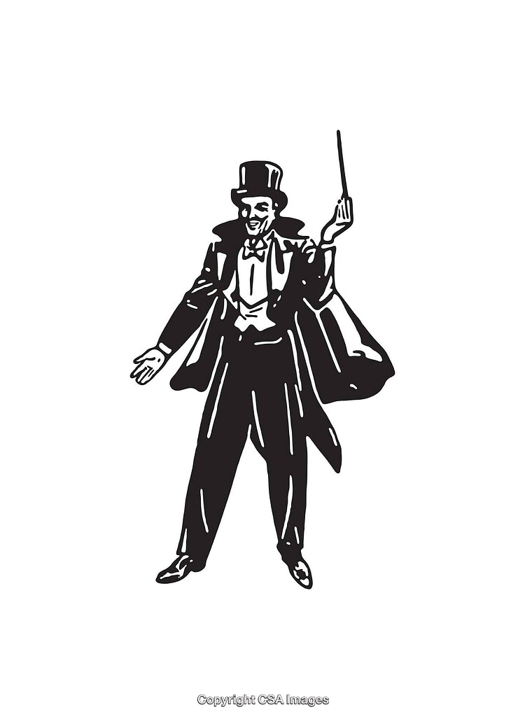 Black and White Illustration of a Magician Performing an Act
