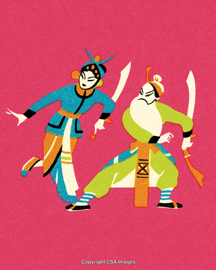 Traditional Costume Figures in Swordplay on Vibrant Pink Background