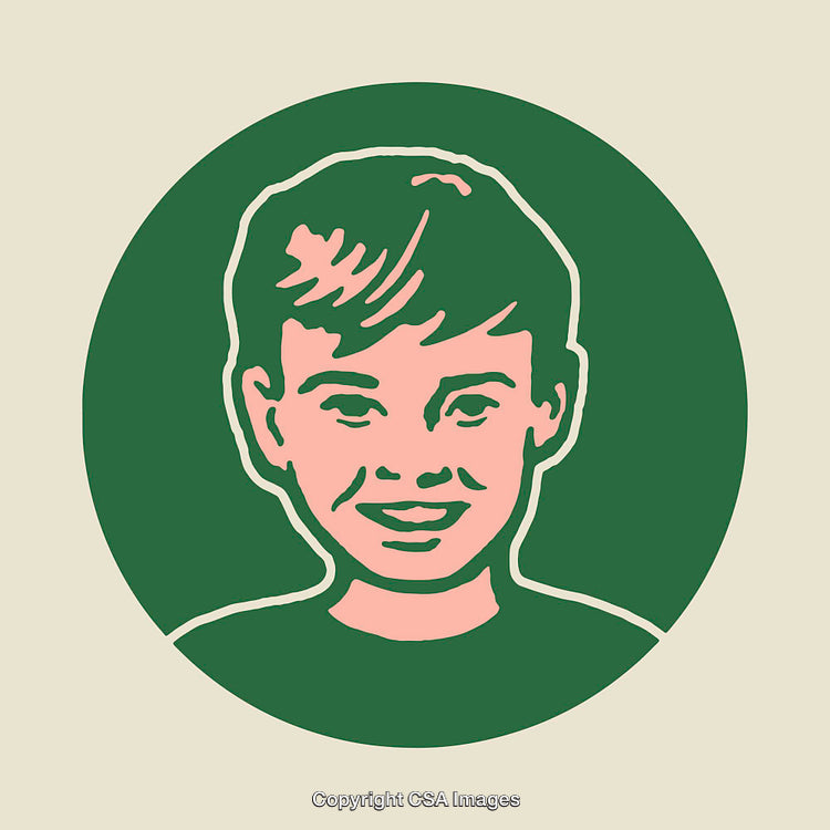 Retro Color Line Art Illustration of a Smiling Boy in Circular Frame