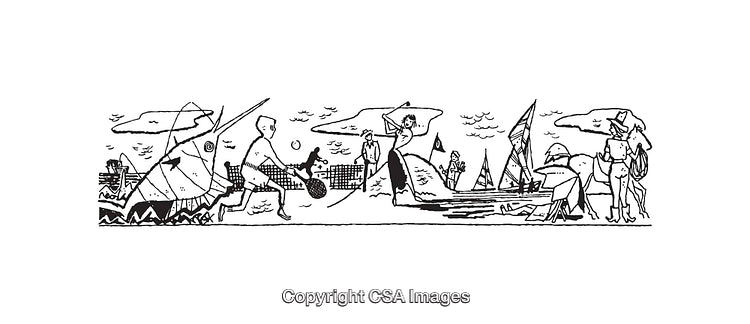 Black and White Line Art Depicting Various Beach Activities and Seaside Scenes