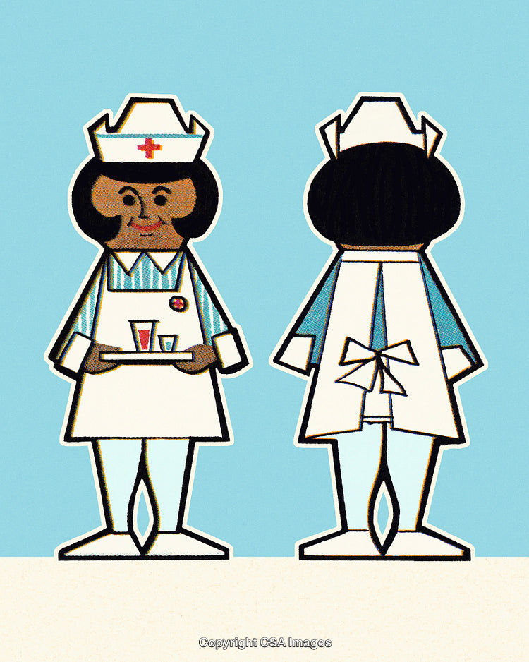 Cartoon Illustration of Female Nurse in Uniform Holding Tray with Medical Supplies