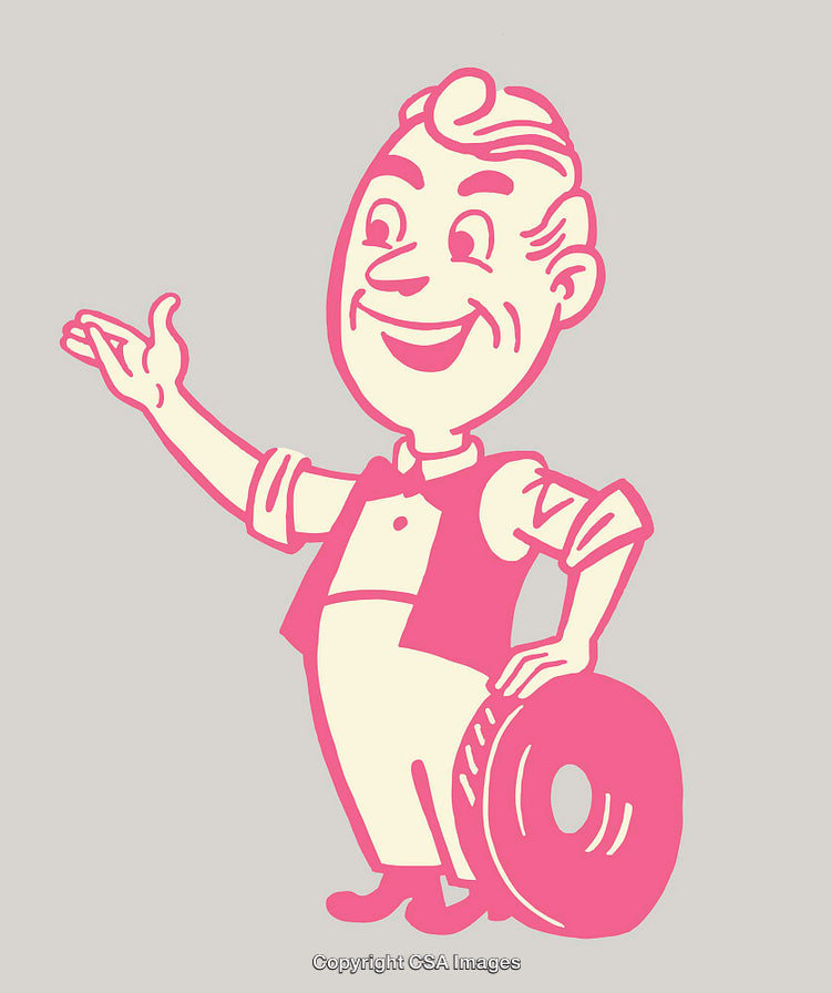 Retro Styled Cartoon Character Illustration Holding a Tire and Smiling