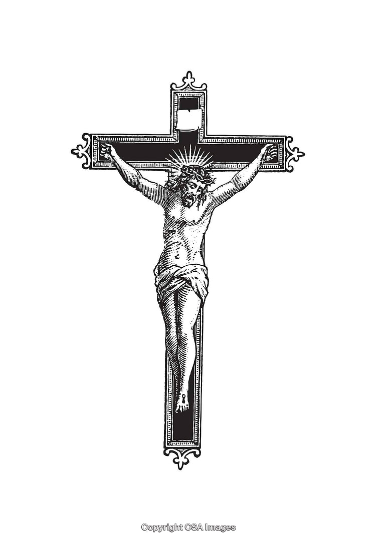 Intricate Black and White Line Art of Religious Crucifixion Scene