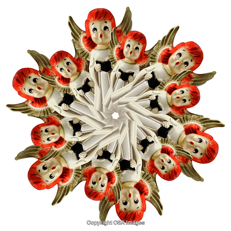 Kaleidoscope of Red-Haired Angel Figurines with Golden Wings Holding Song Books