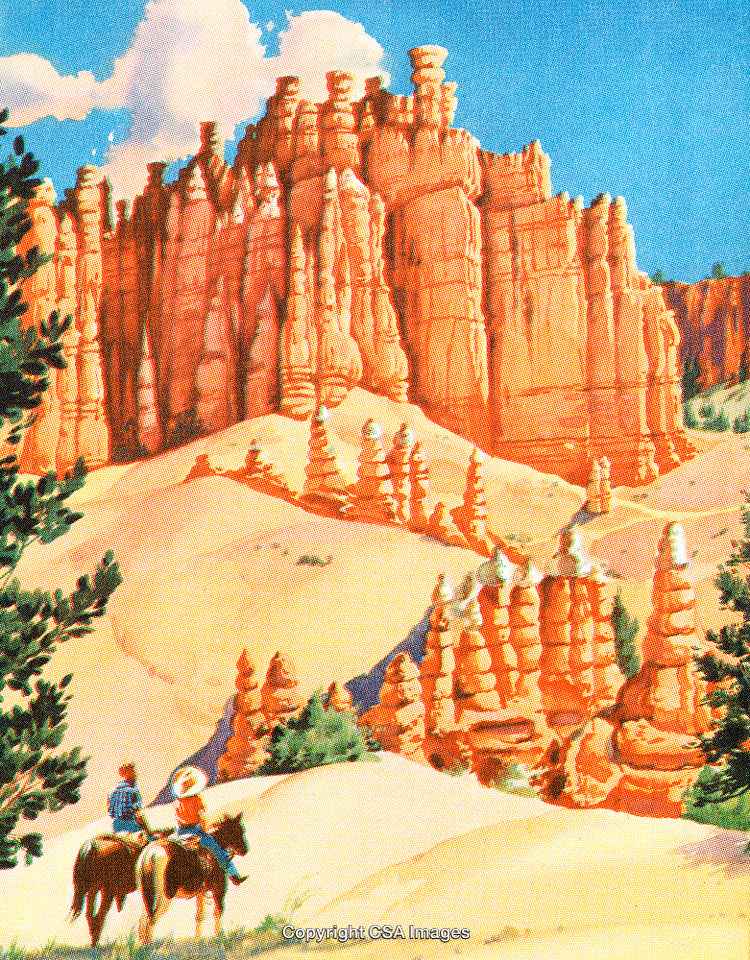 Scenic Western Landscape With Cowboys Riding Horses Near Orange Rock Formations