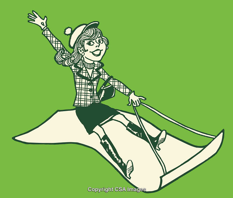 Whimsical Illustration of a Cheerful Woman Skiing Down Slopes