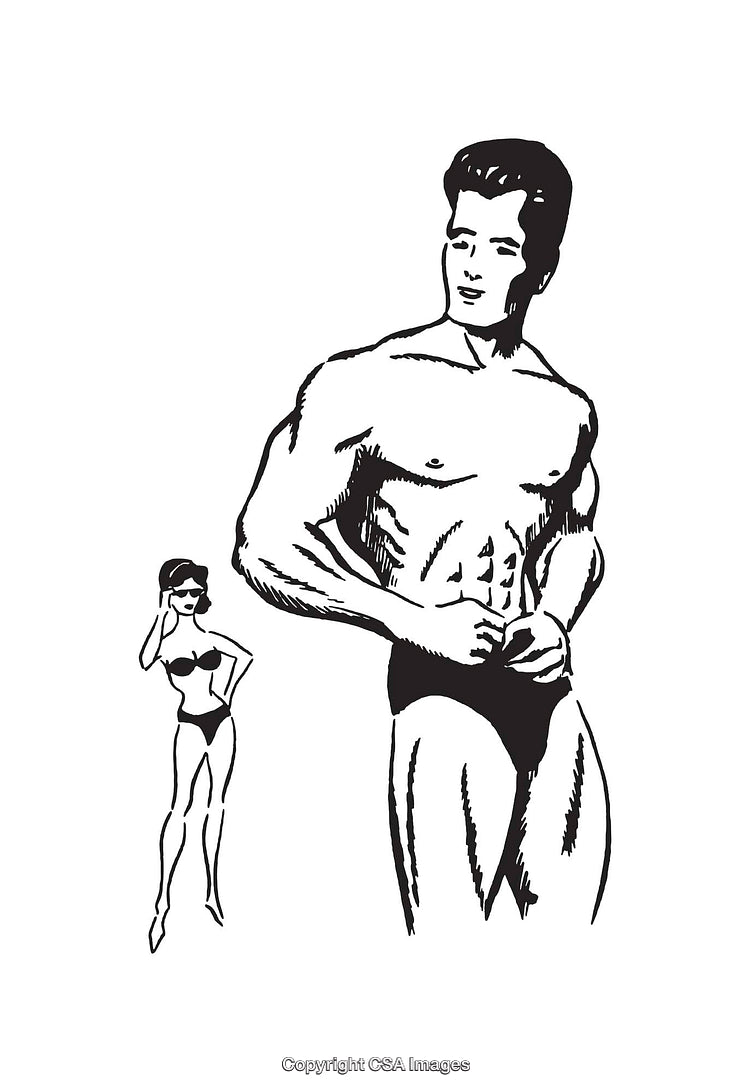 Black and White Line Art of a Muscular Man and a Woman in Swimwear