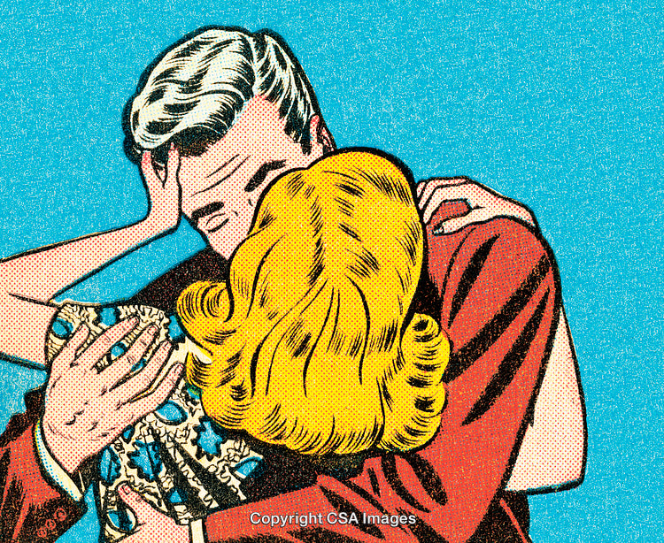 Retro Comic Style Illustration of a Loving Couple Locking in an Embrace