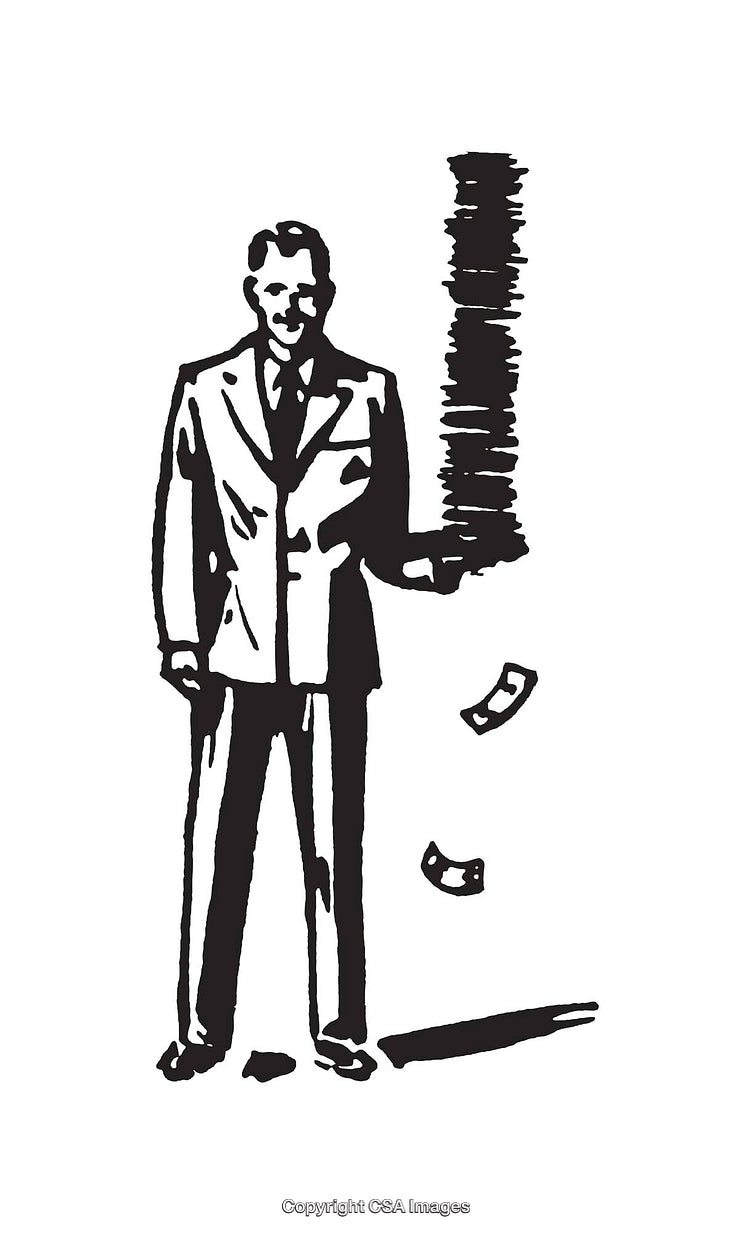 Retro Style Line Art Illustration of Businessman Balancing Money