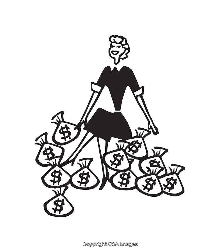 Retro Black and White Illustration of Woman Sitting with Money Bags