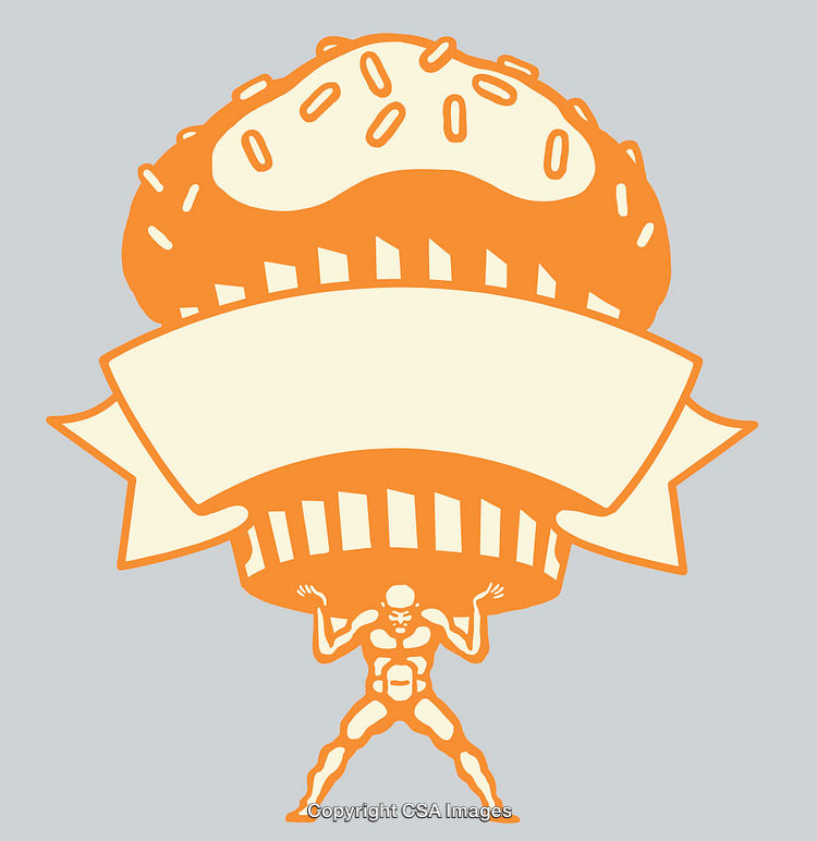Illustration of Muscular Figure Holding a Giant Cupcake with Blank Banner
