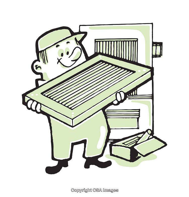 Illustration of a Worker Holding an Air Filter in a Workshop