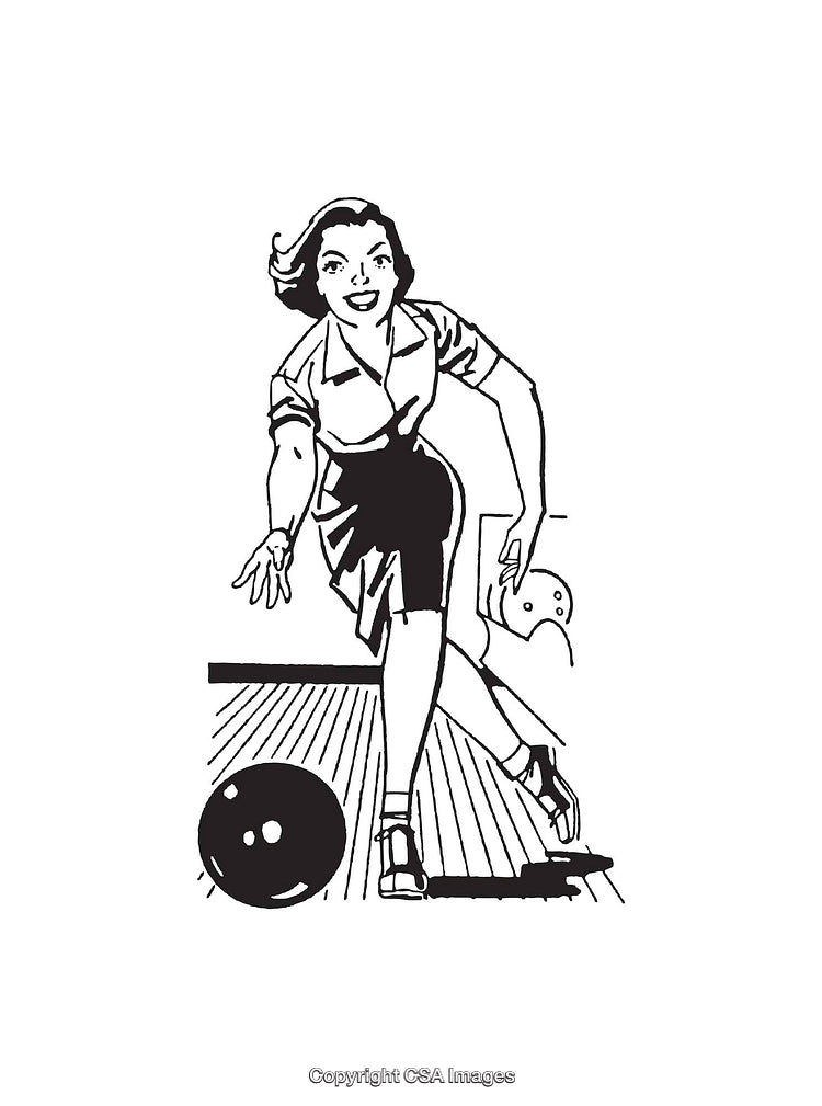 Woman Bowling in Retro Black and White Line Art Illustration