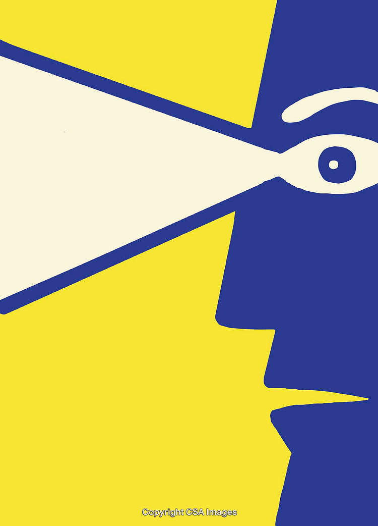 Abstract Art of a Blue Face with Illuminated Eye and Yellow Background
