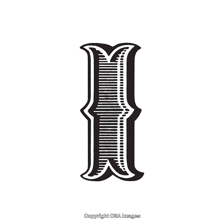 Decorative Black Letter 'I' in Bold Engraved Style on White Background