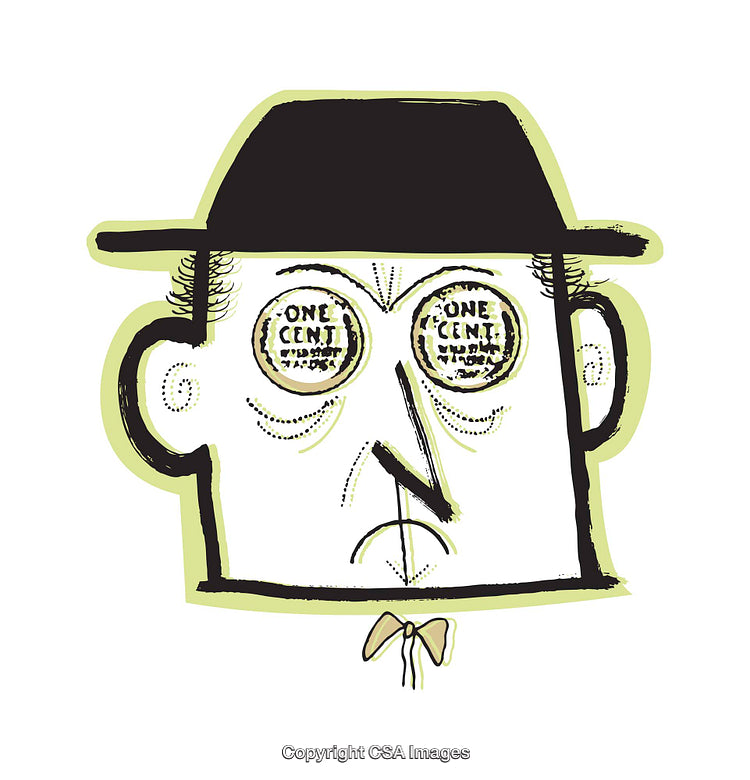 Whimsical Illustration of a Man with Coins as Eyes Wearing a Hat