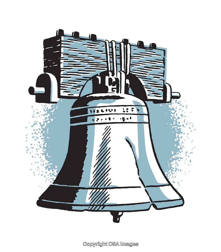 Detailed Colored Illustration of Historic Liberty Bell with Blue Background
