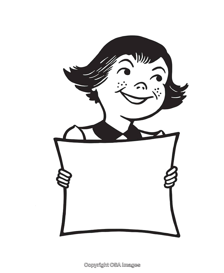 Black and White Illustration of Girl Holding a Blank Sign