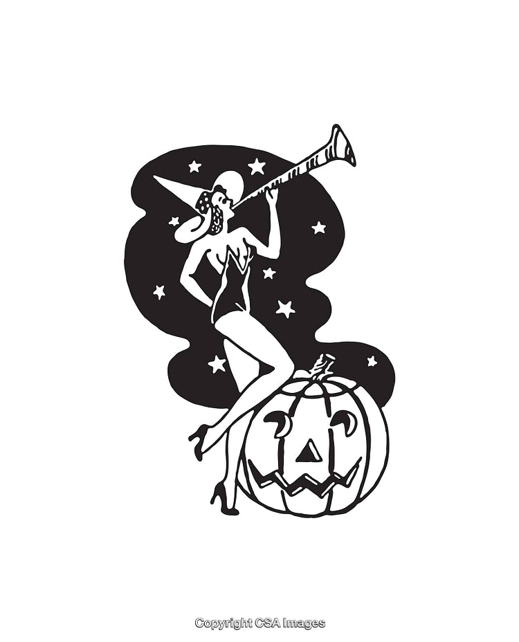 Black and White Illustration of a Witch with a Pumpkin and Stars