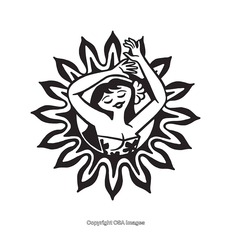 Black and White Line Art of Woman Dancing With Radiant Sun Design