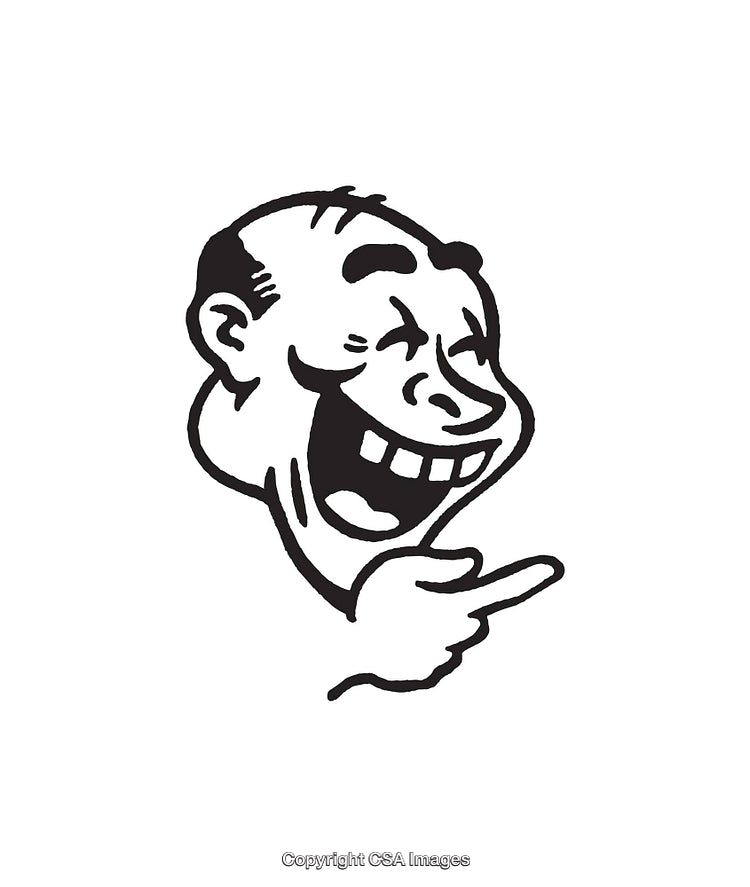 Black and White Line Art Illustration of a Laughing Man Pointing
