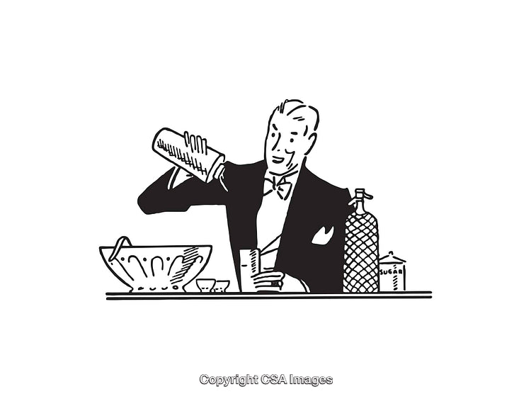Vintage Line Art Illustration of a Gentleman Mixing a Cocktail