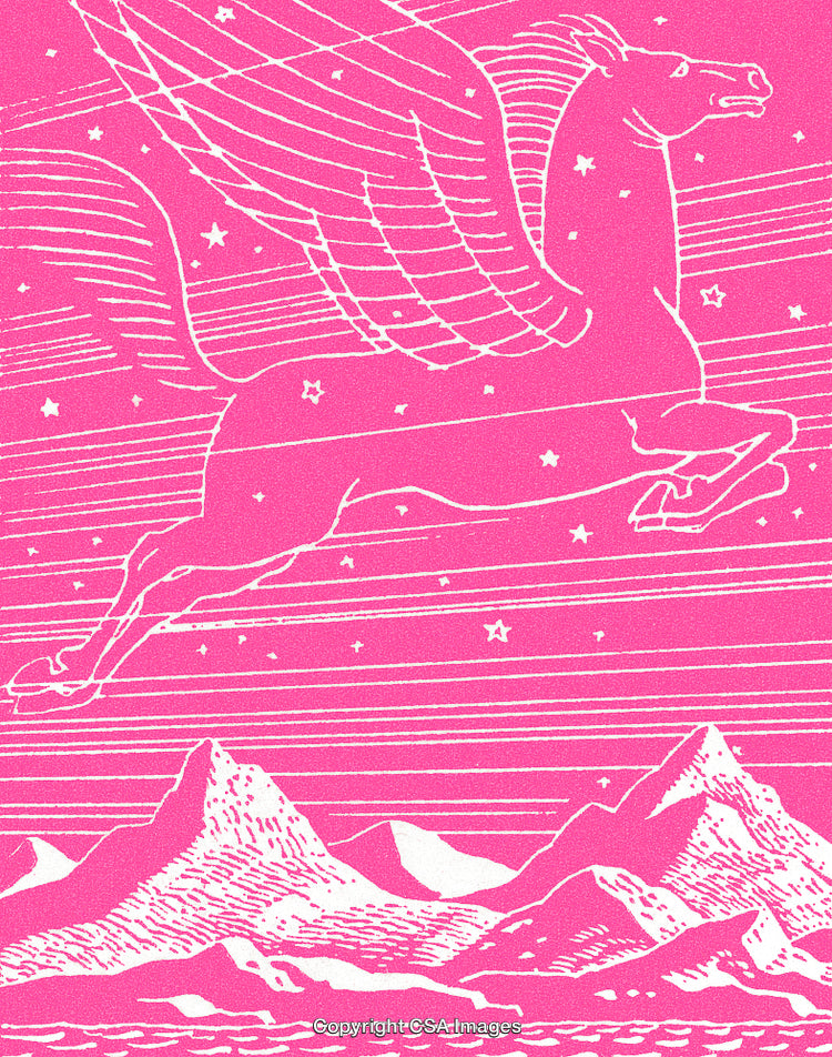Illustrated Winged Horse Flying Over a Scenic Mountainous Terrain Under Starry Sky