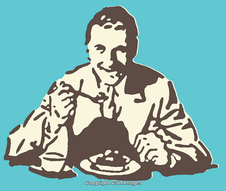 Pop Art Illustration of a Man Eating a Meal on Blue Background