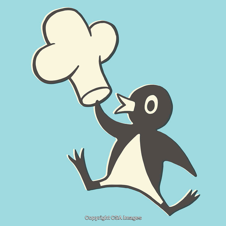 Playful Penguin Illustration Holding Chef Hat on Soft Blue Background