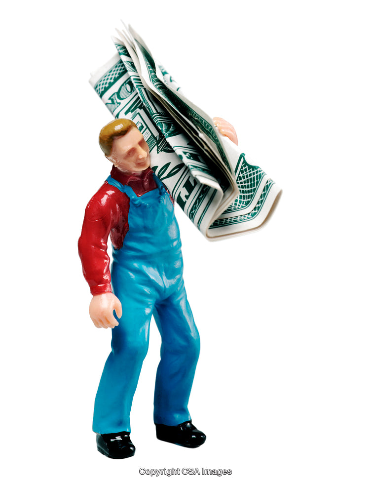 Miniature Worker Carrying Folded Dollar Bill Symbolizing Effort and Wealth