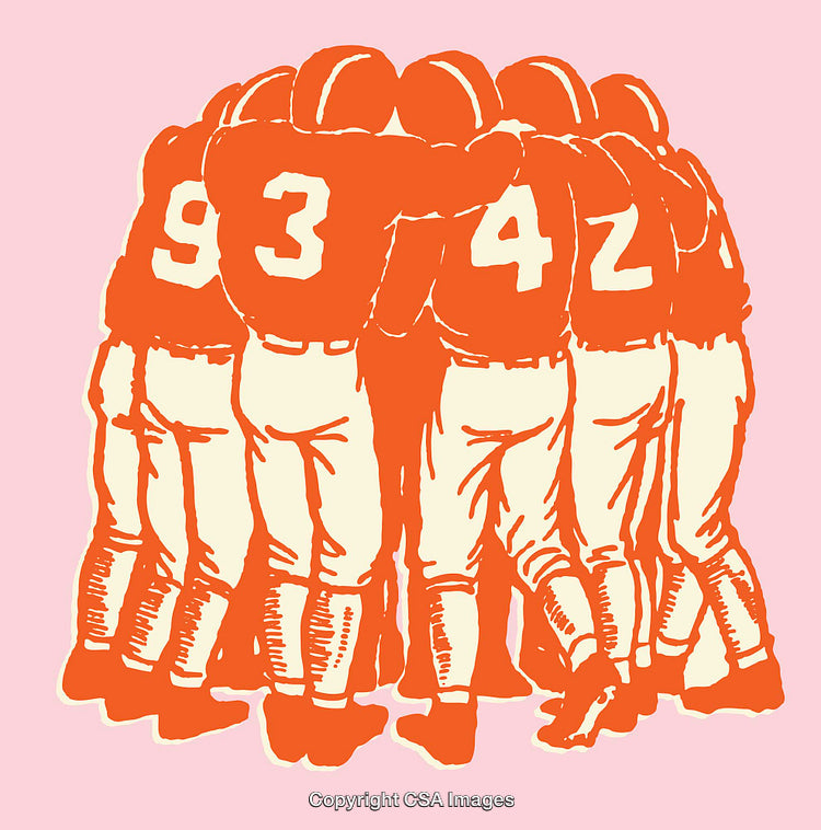 Retro Illustration of Football Team Huddling Together for a Game Strategy