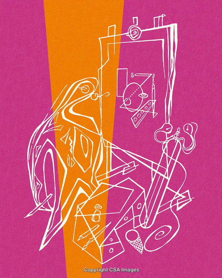 Abstract Geometric Drawing on Vibrant Pink and Orange Background
