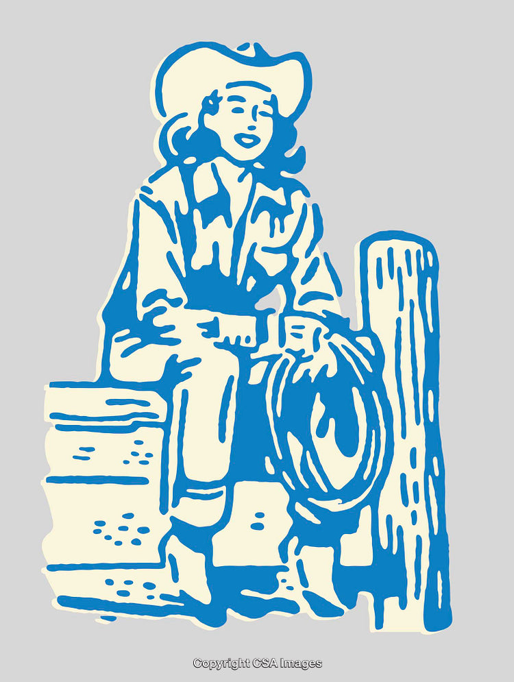 Western Style Artwork Depicting a Cowgirl Sitting by a Fence Post