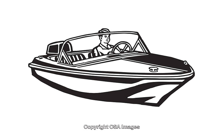 Black And White Line Art Illustration of a Driver in a Speedboat