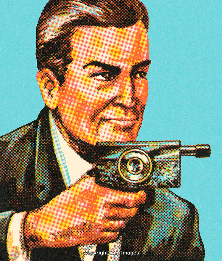 Vintage Illustration of a Man Holding a Gadget Against a Blue Background