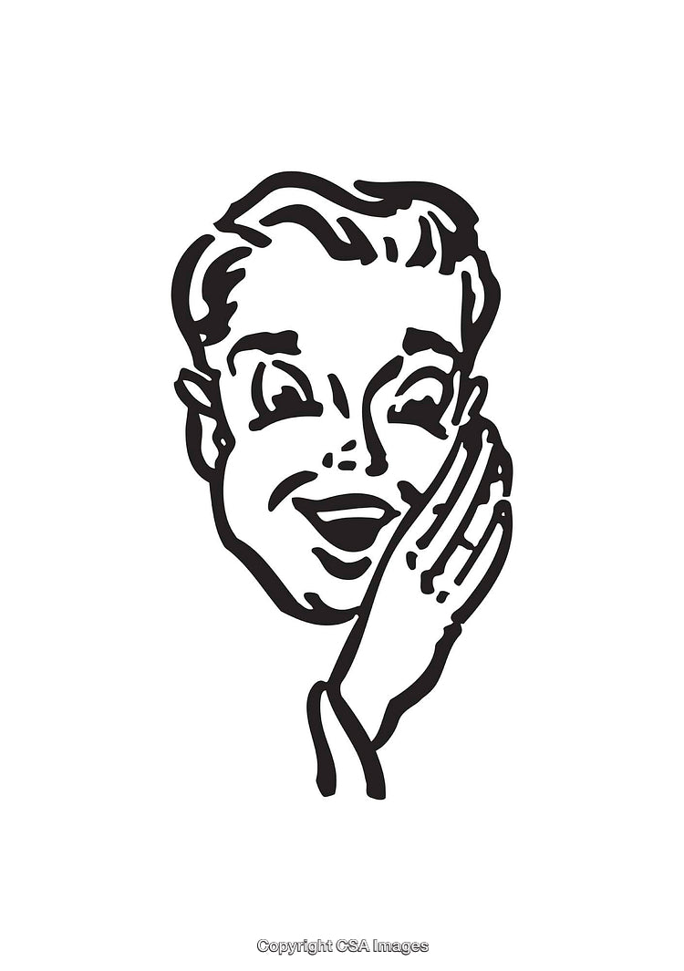 Black and White Line Art of Cheerful Retro Styled Facial Illustration