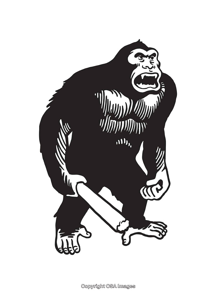Black and White Line Art of Gorilla Holding a Bone