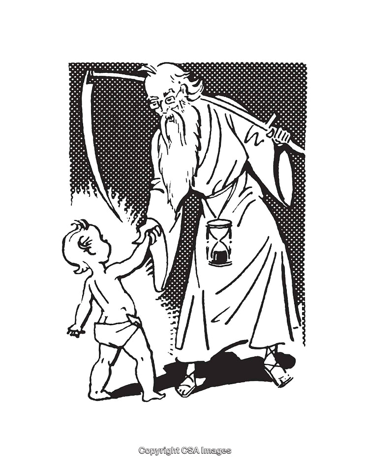 Line Drawing of Father Time Passing Scythe to New Year Child