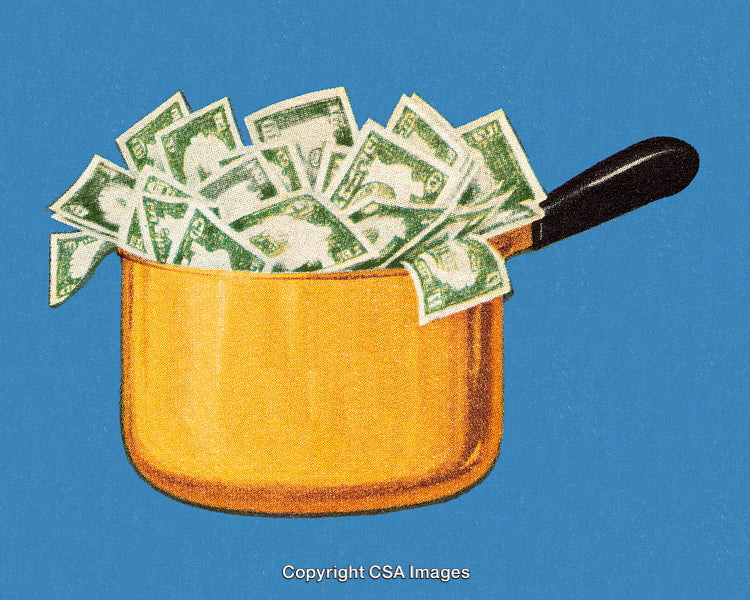 Illustration of Money Overflowing from Yellow Pot on Blue Background