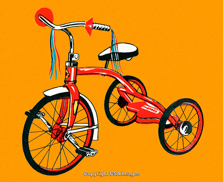 Vintage Tricycle Illustration on Orange Background with Vibrant Colors and Playful Design
