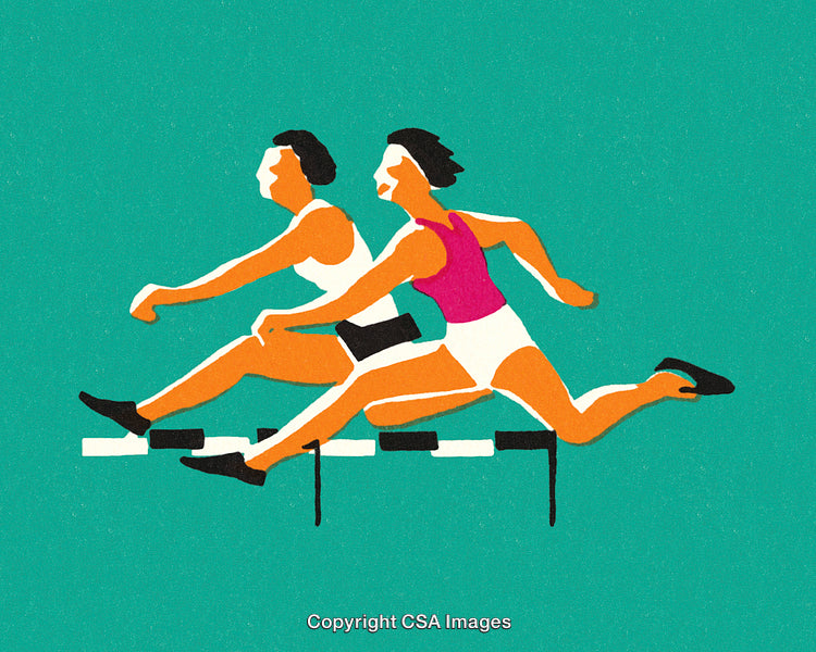 Female Athletes Competitively Hurdling Over Obstacles on a Colorful Abstract Background