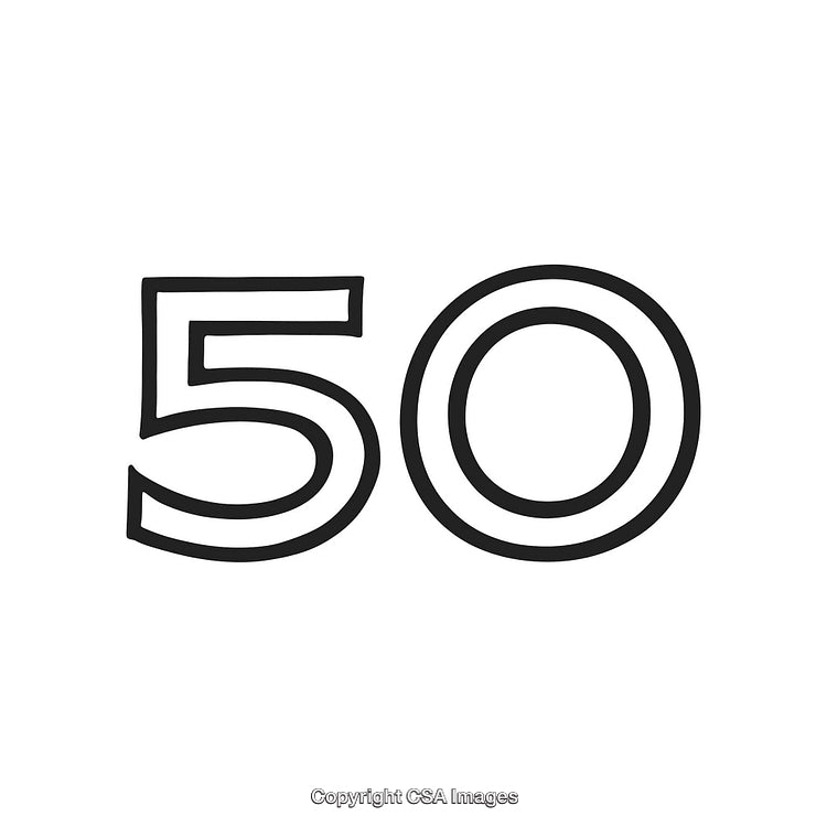 Illustration of the Number Fifty in Bold Outline on White Background