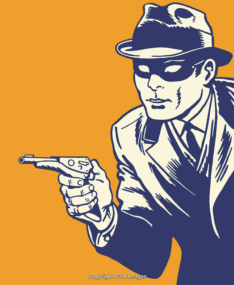 Retro Line Art Illustration of a Masked Man Aiming a Gun
