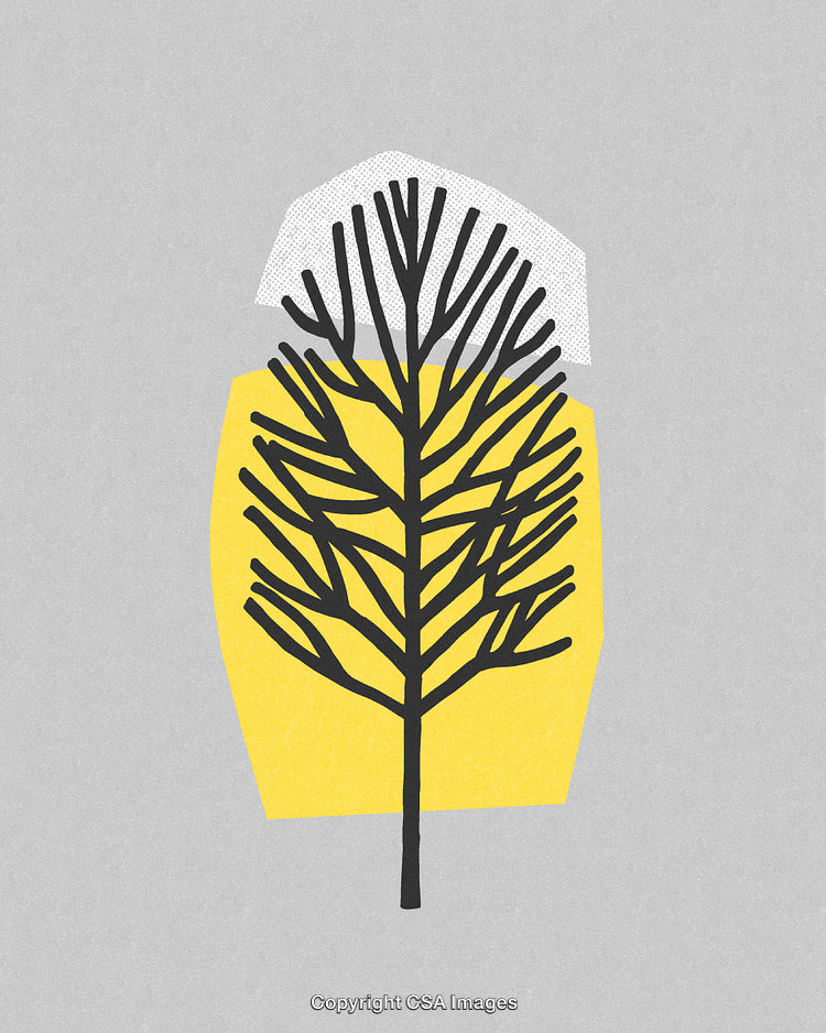 Abstract Tree Illustration with Yellow and Gray Geometric Shapes