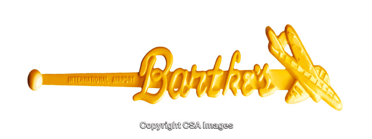 Yellow Vintage Plastic Stirrer with Airplane Design and Engraved International Airport Text