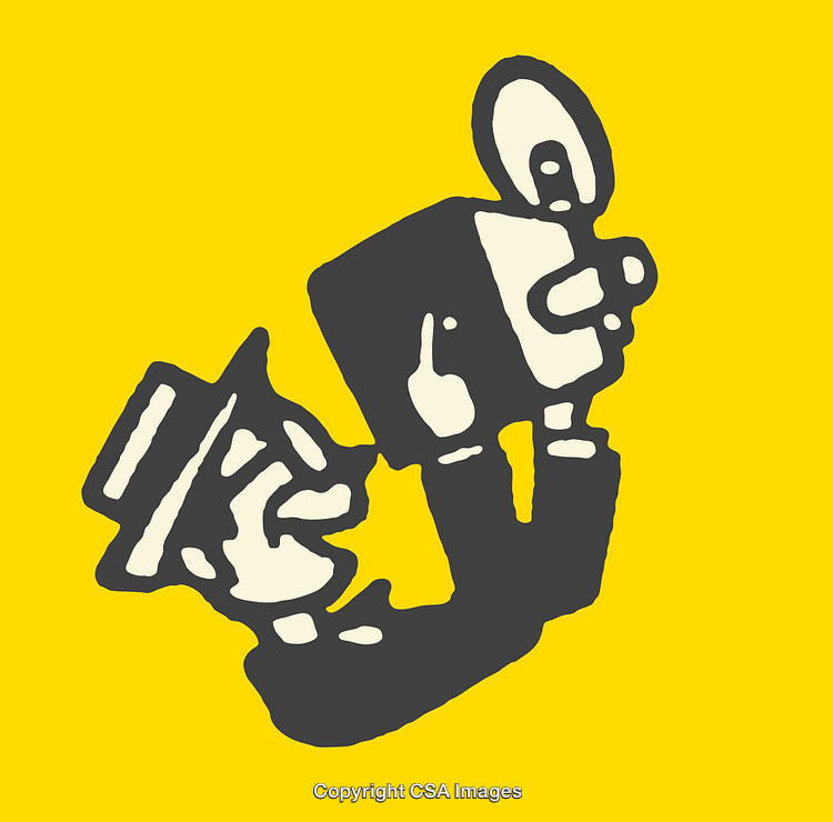 Retro Illustration of Photographer with Vintage Camera on Yellow Background