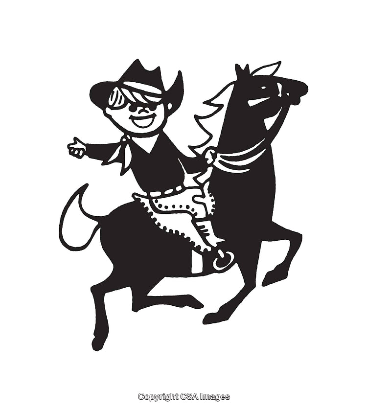 Black and White Cartoon Style Cowboy Riding a Horse Illustration