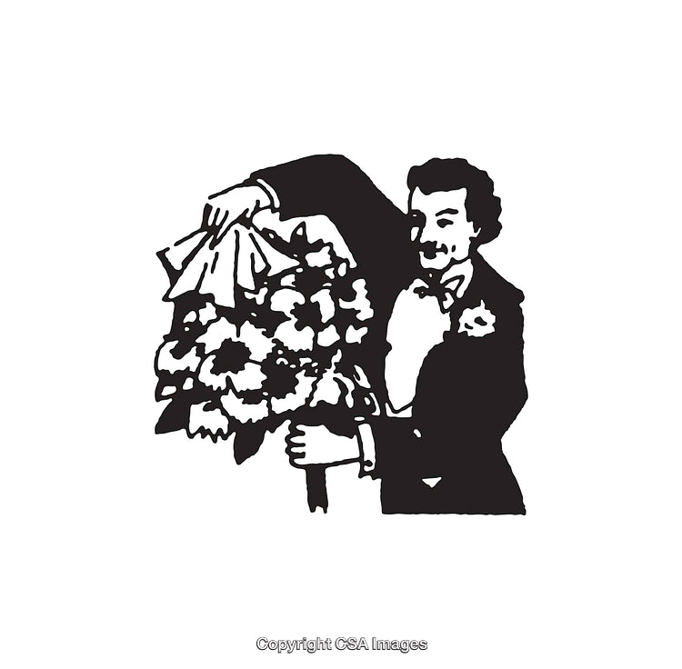 Elegant Man in Formal Suit Holding Large Bouquet in Classic Style Drawing